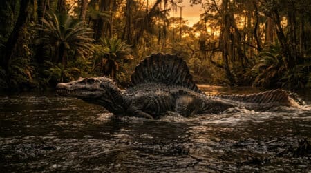 Spinosaurus nageant dans une rivière préhistorique