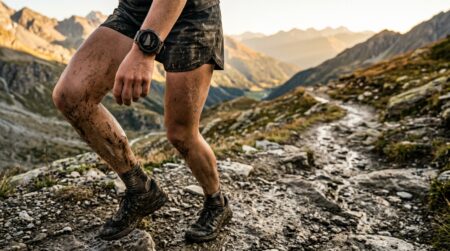 Jambes boueuses d'un coureur de trail en montagne