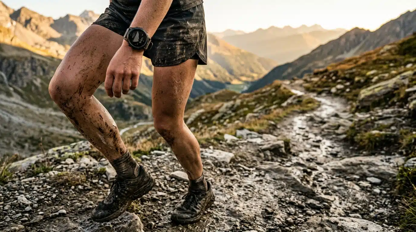 Jambes boueuses d'un coureur de trail en montagne