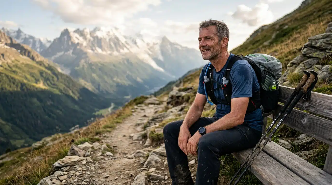 Coureur de trail épuisé assis sur un banc en altitude