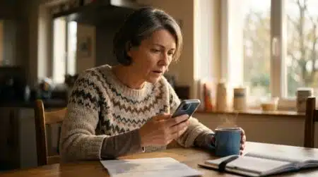Femme vérifiant ses prélèvements bancaires sur smartphone