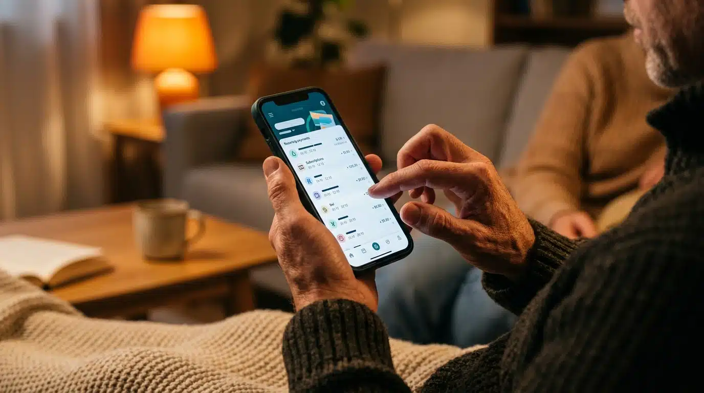 Main scrollant une application bancaire avec des abonnements