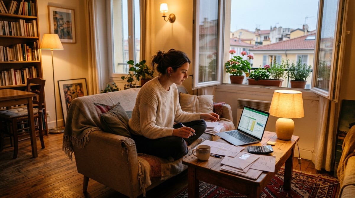 Studio niçois avec budget et factures sur la table