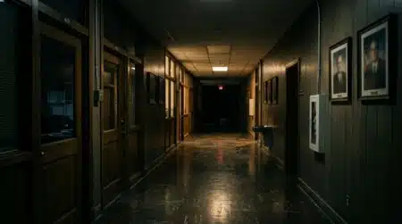 Bureau vide et sombre dans un couloir administratif la nuit