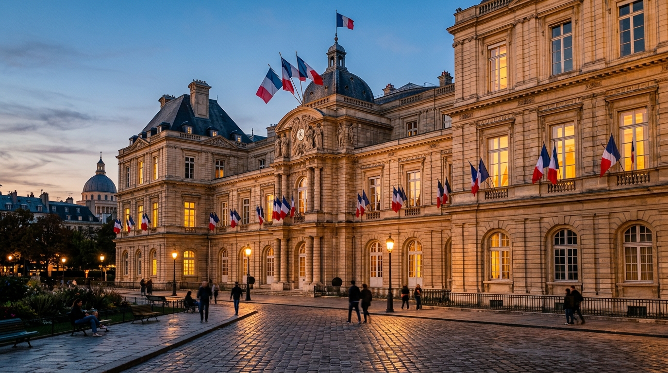 Façade d'un bâtiment officiel parisien au crépuscule