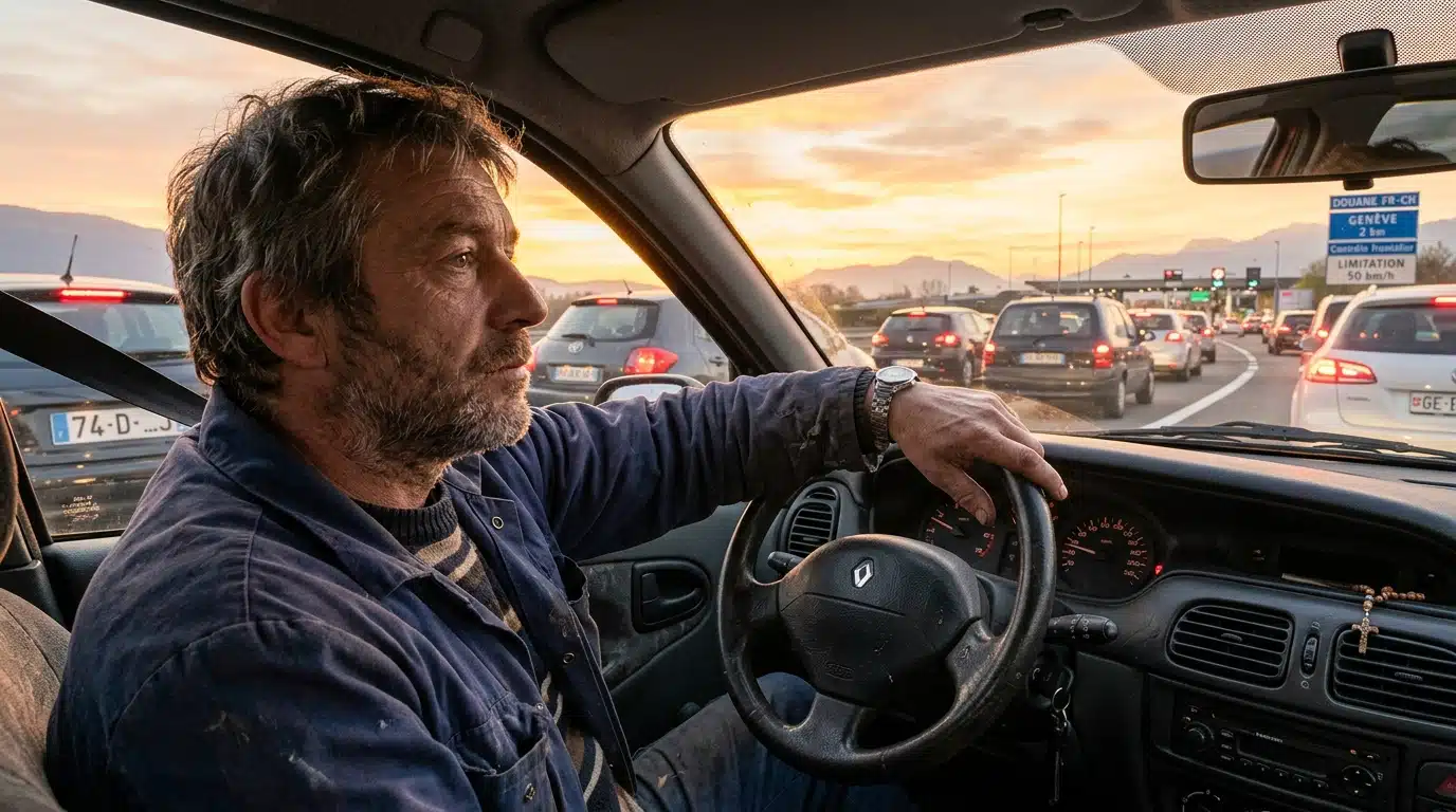 Frontalier fatigué dans sa voiture à l'aube