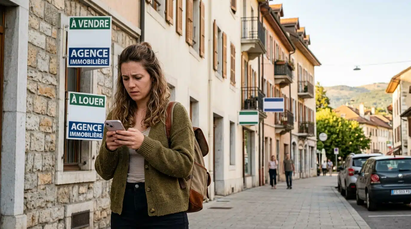 Femme inquiète devant des annonces immobilières frontalières