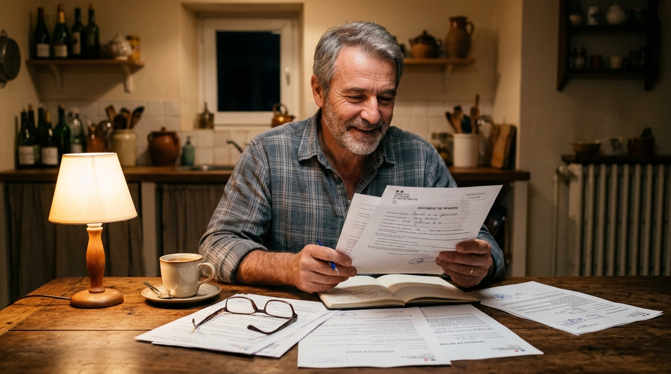 Homme consultant ses documents de retraite à la maison