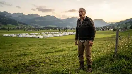 Agriculteur suisse regardant des caravanes installées sur son champ