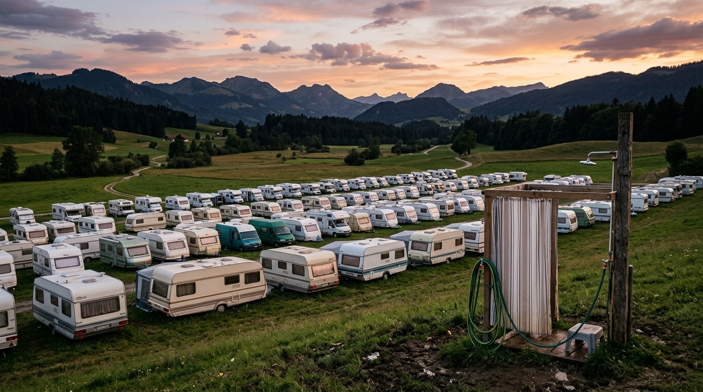 Rangée de caravanes garées dans un champ au crépuscule