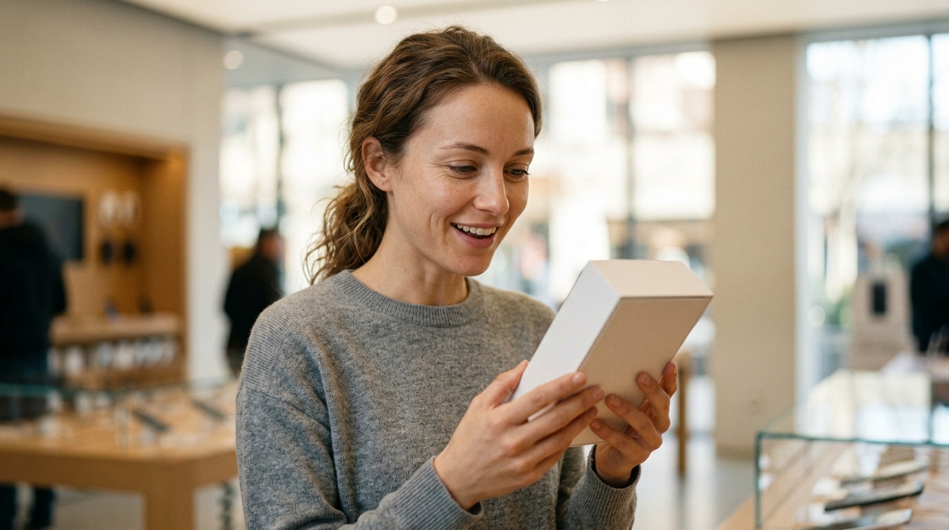Personne souriante tenant une boîte de smartphone neuve