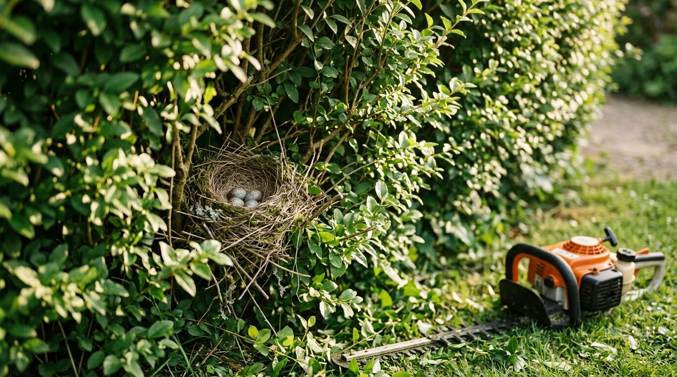 Nid d'oiseau caché dans une haie dense