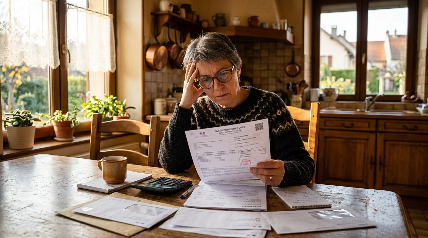 Propriétaire inquiet consultant son avis de taxe foncière 2026