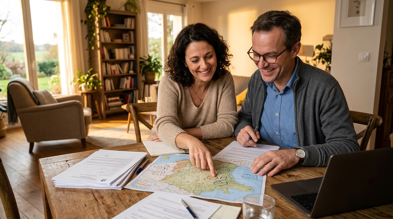 Couple comparant les taux de taxe foncière avant un achat immobilier