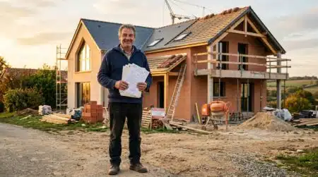 Propriétaire devant sa maison neuve avec des documents fiscaux