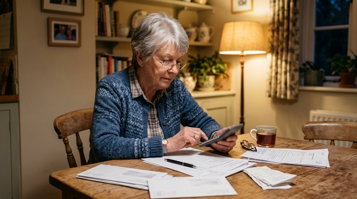 Retraitée vérifiant sa déclaration de taxe foncière à table
