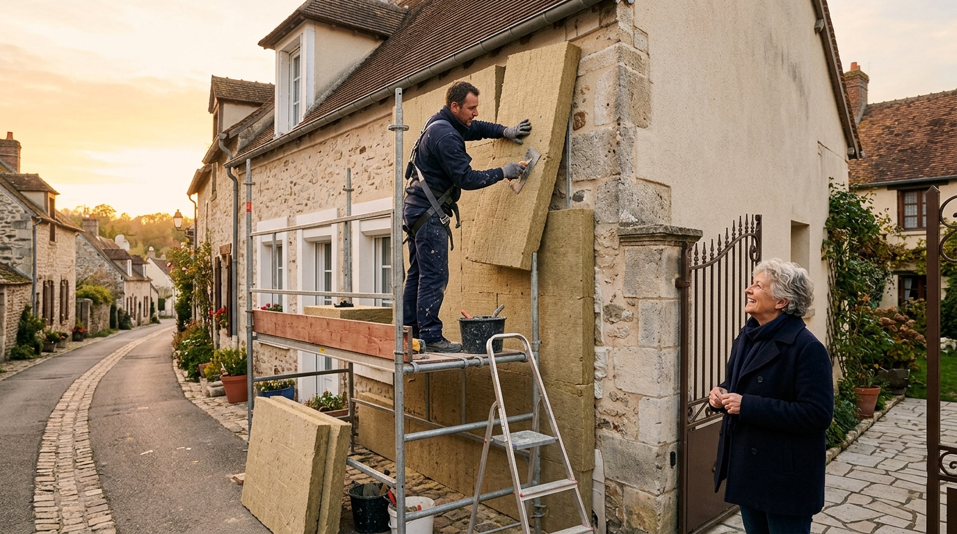 Travaux d'isolation sur une façade avec propriétaire satisfait
