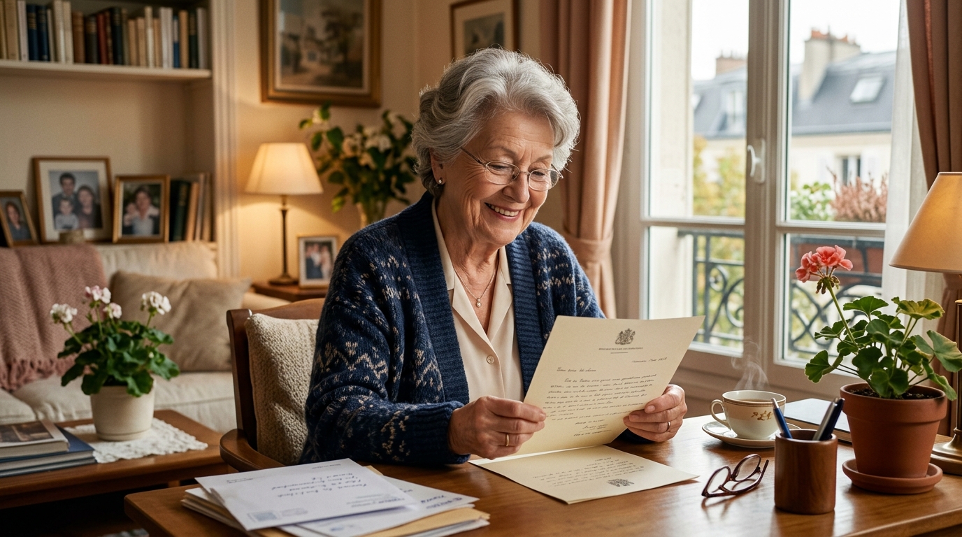 Femme âgée soulagée en lisant un courrier fiscal