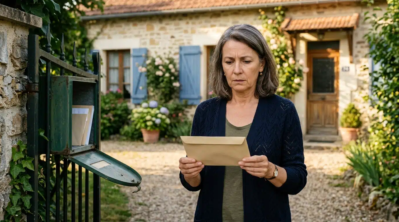 Femme inquiète devant sa boîte aux lettres avec avis fiscal