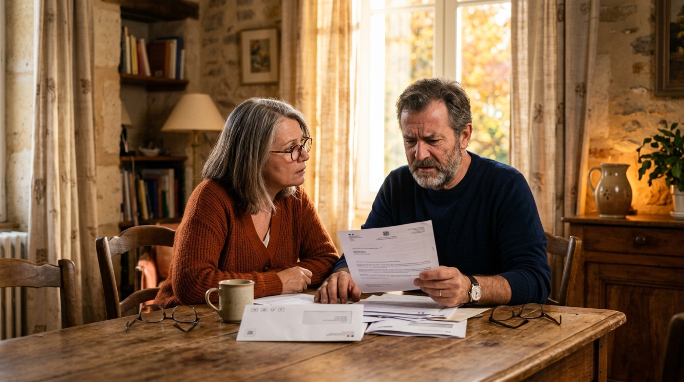 Couple découvrant l'avis de taxe foncière dans le courrier
