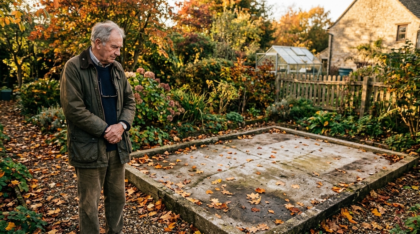Homme constatant la disparition d'une dépendance dans son jardin