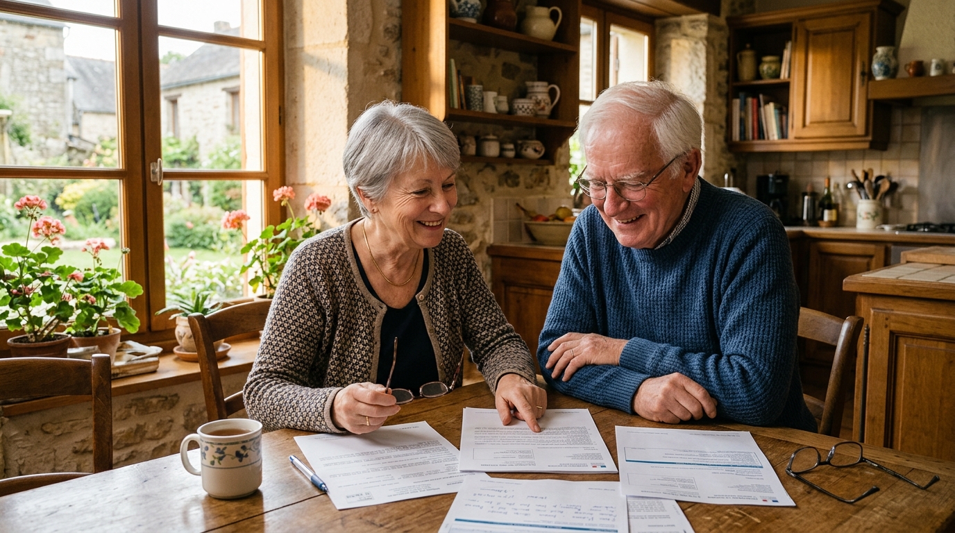 Couple senior consultant des documents fiscaux à la maison