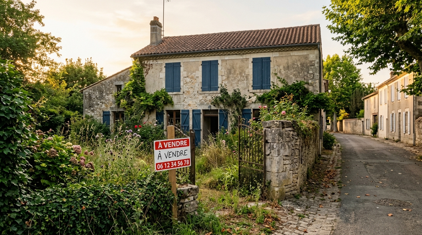 Maison inoccupée avec pancarte à vendre dans un jardin