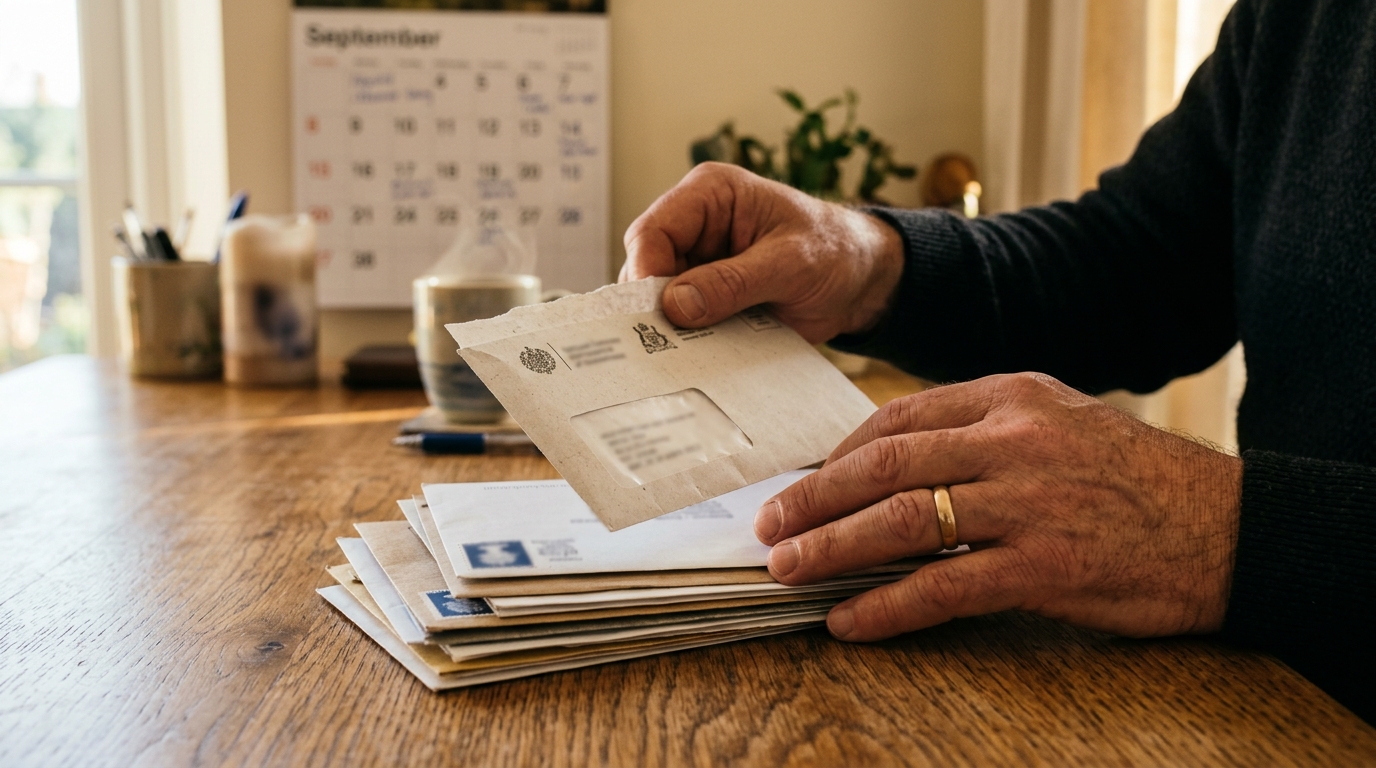 Homme ouvrant son courrier de taxe foncière à la maison