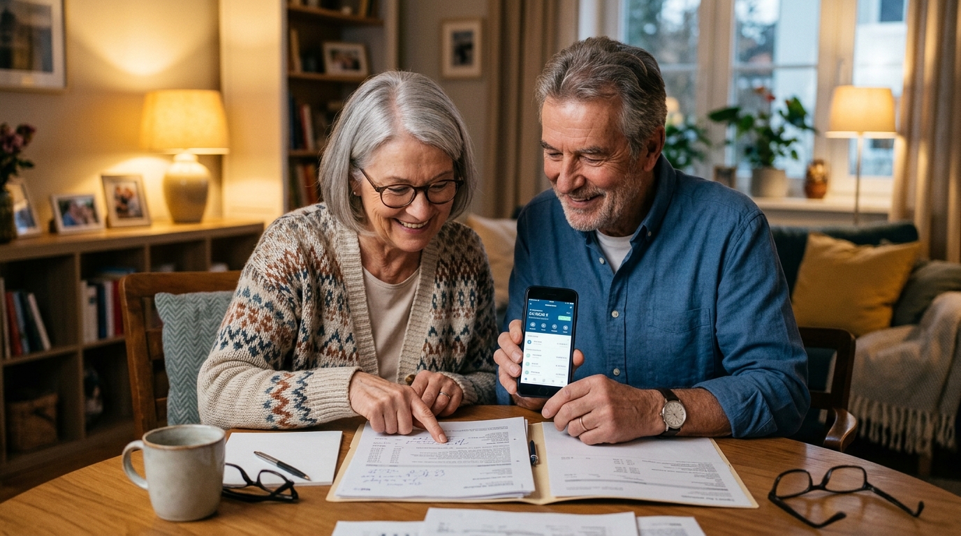 Couple de retraités vérifiant leur paiement de taxe foncière