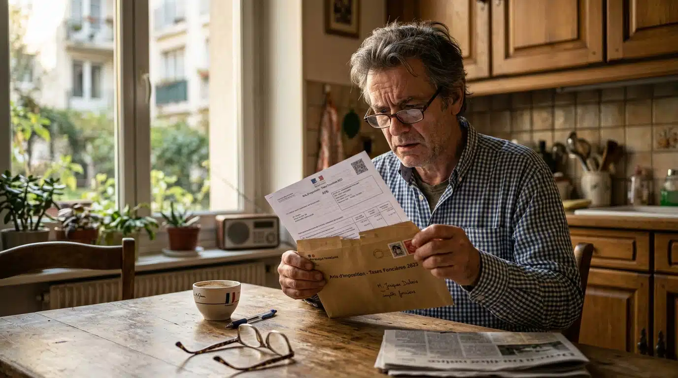 Homme ouvrant son avis de taxe foncière à table