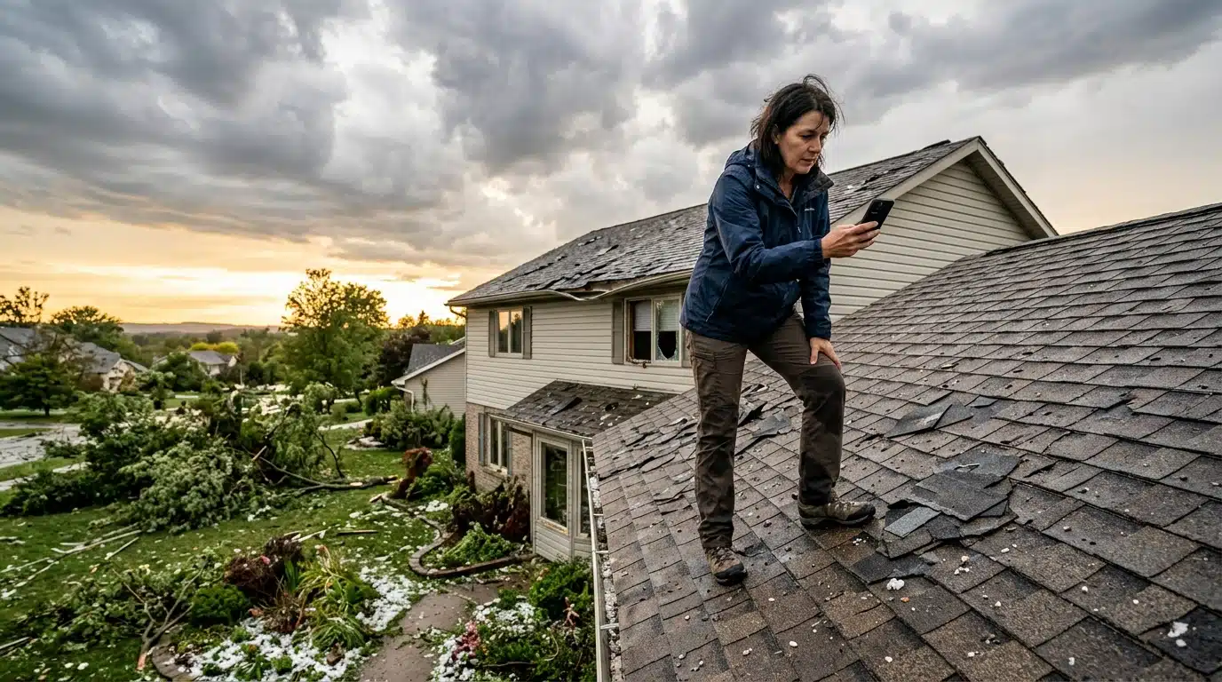Propriétaire photographiant des dégâts de grêle pour l'assurance