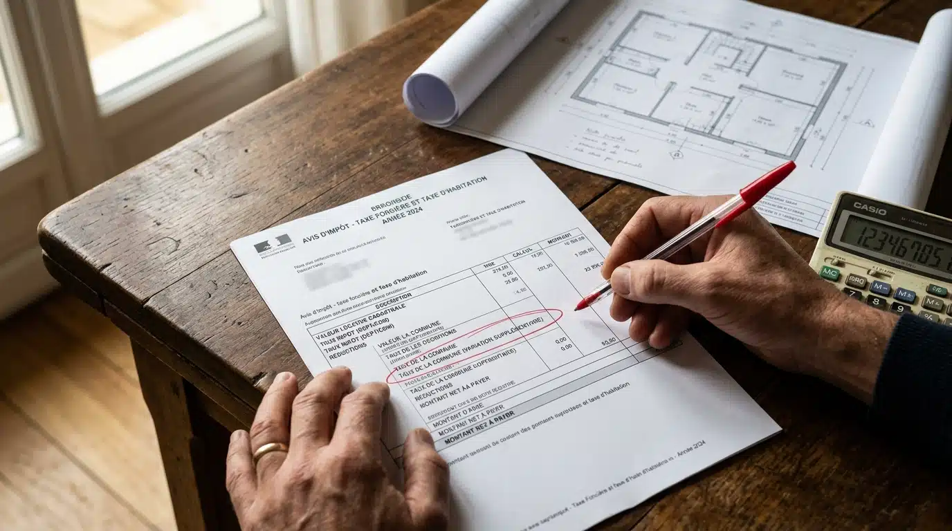 Document officiel de taxe foncière avec ligne surlignée en rouge