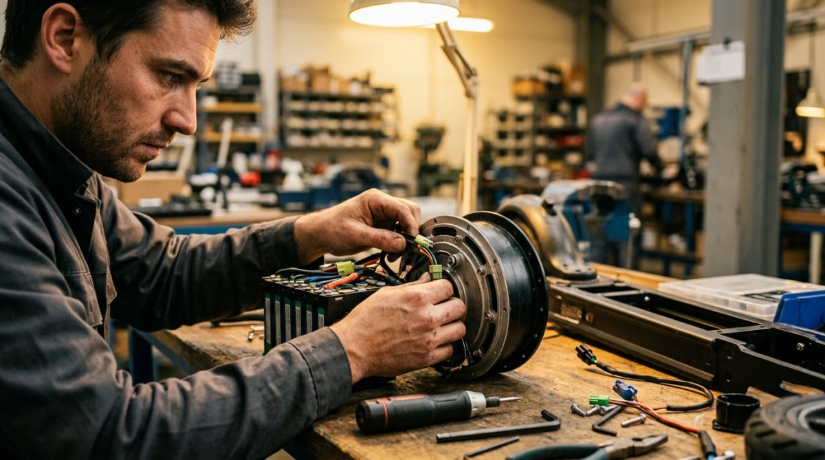 Technicien assemblant une batterie de trottinette électrique