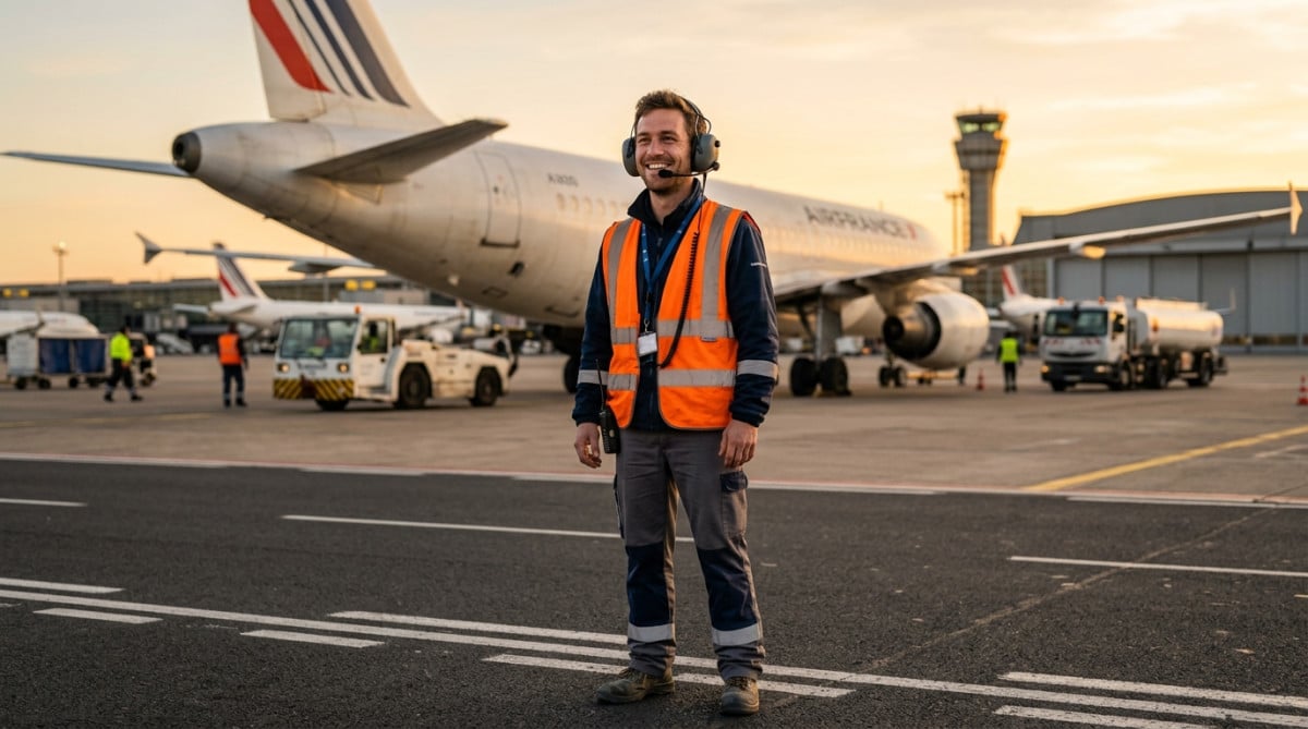 Technicien de piste souriant sur le tarmac aéroport