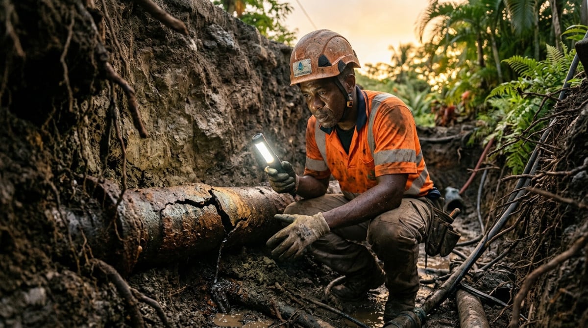 Technicien inspectant une canalisation d'eau vétuste en Guadeloupe