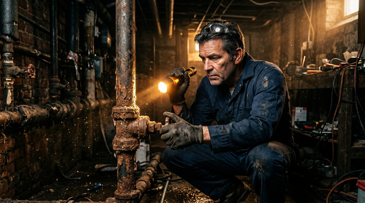 Technicien inspectant une vieille canalisation de gaz rouillée