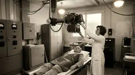 Technicien radiologie années 60 avec tube à rayons X