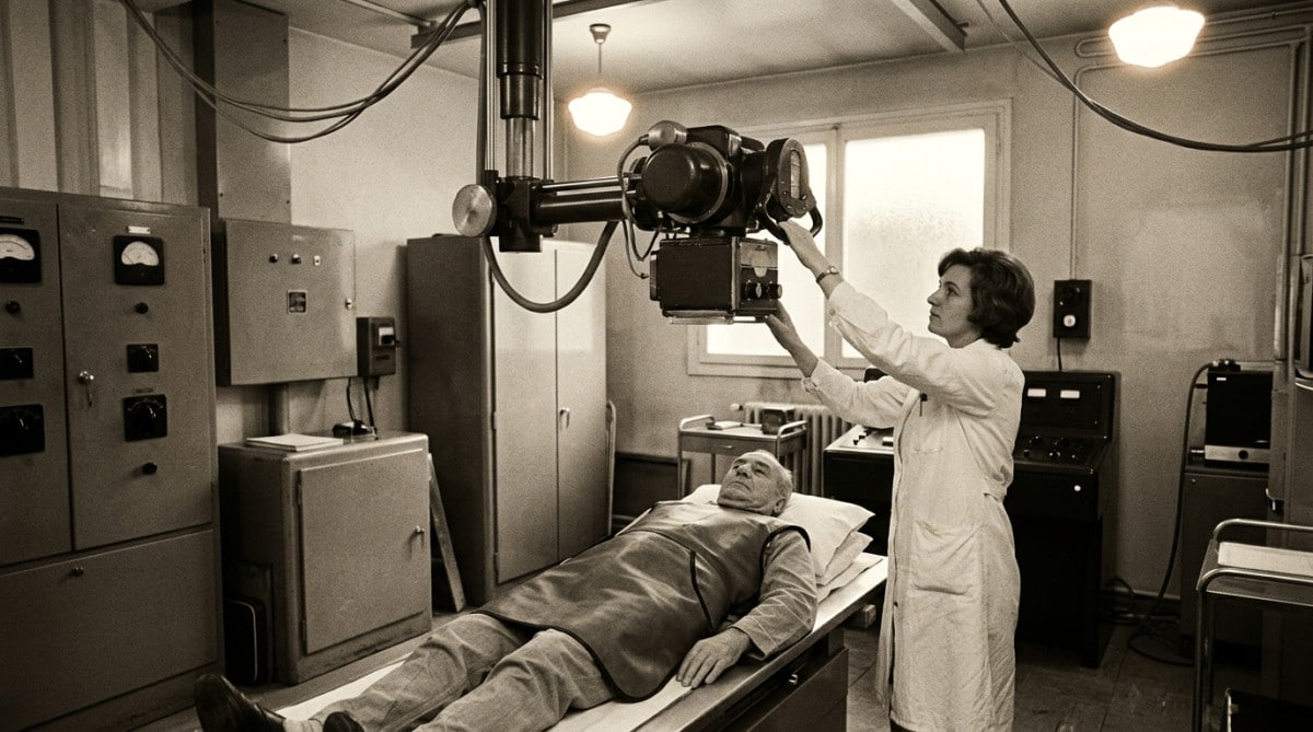 Technicien radiologie années 60 avec tube à rayons X