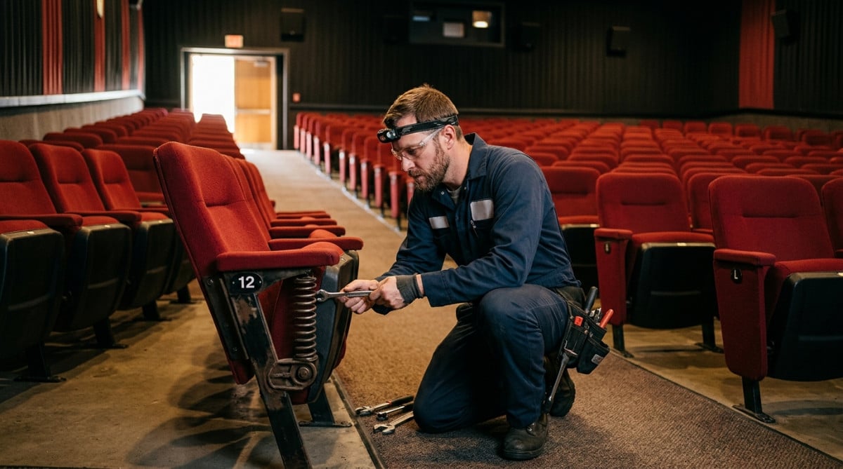 Technicien vérifiant le mécanisme d'un fauteuil de cinéma