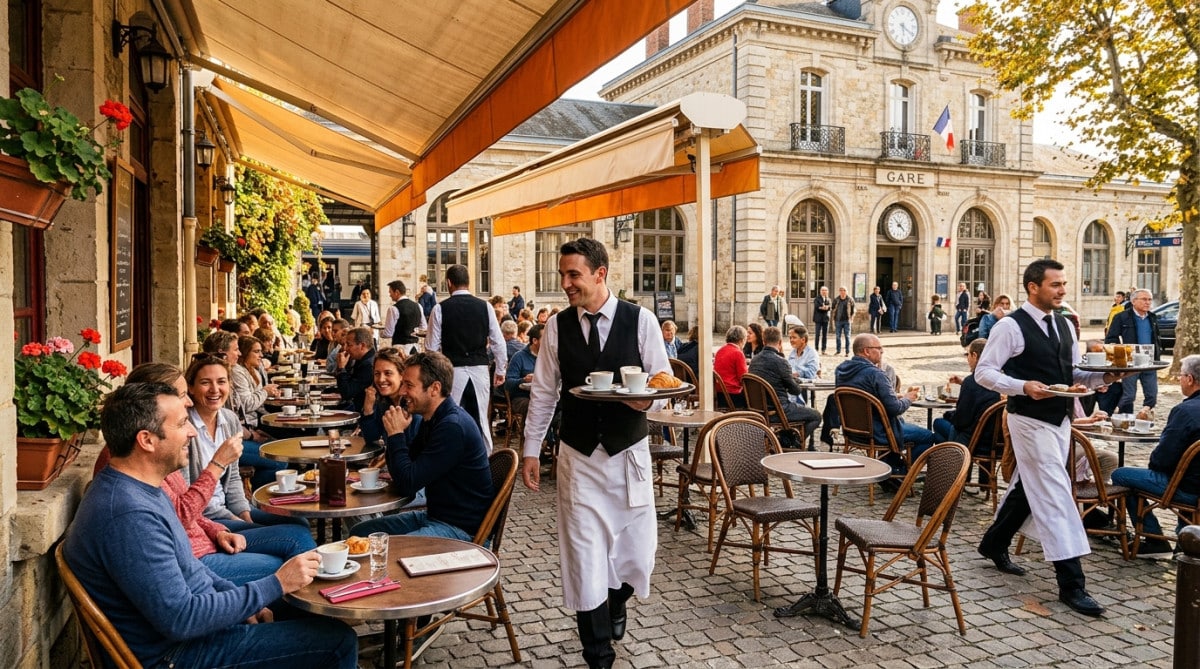 Terrasse de café animée près d'une ancienne gare