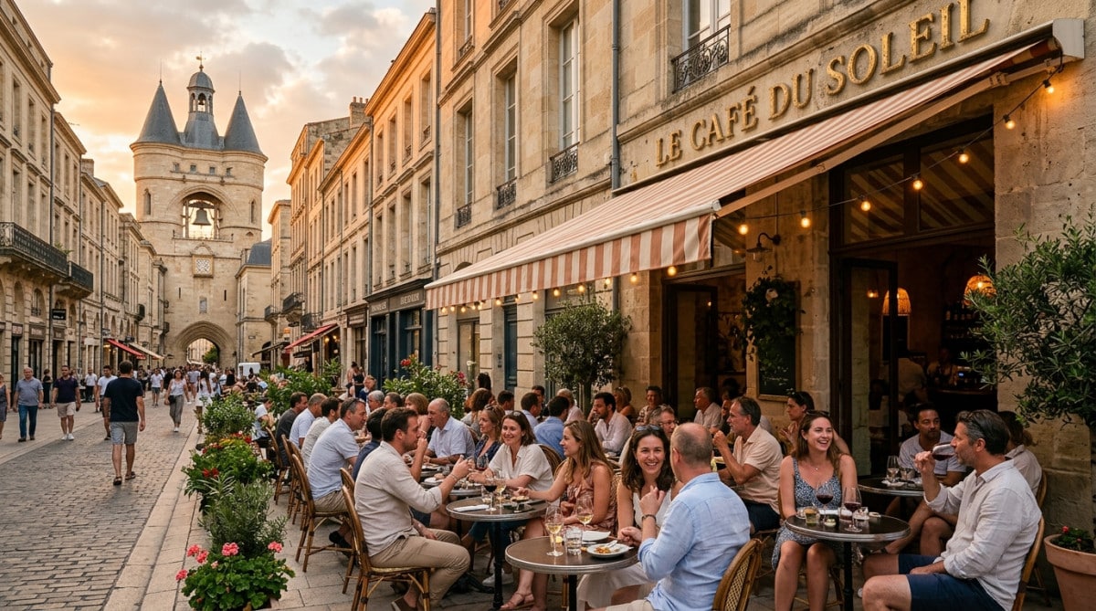 Terrasse ensoleillée à Bordeaux sous un ciel partiellement nuageux