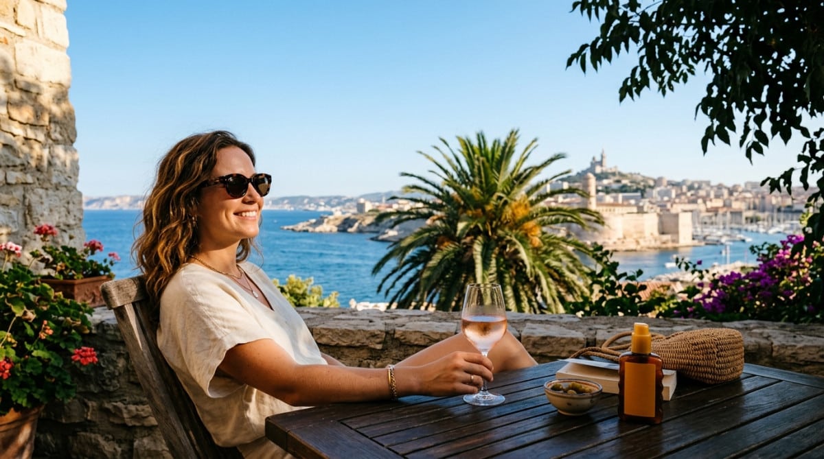 Terrasse ensoleillée à Marseille sous ciel dégagé