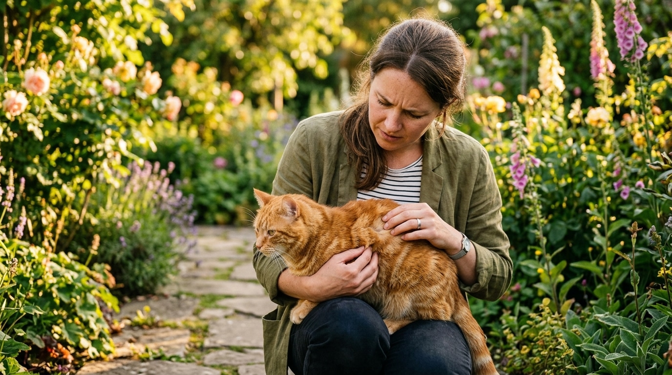 Femme examinant le pelage de son chat dans un jardin