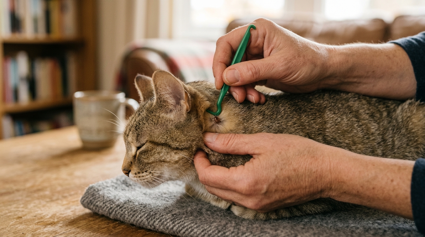 Retrait d'une tique avec un crochet tire-tique sur un chat