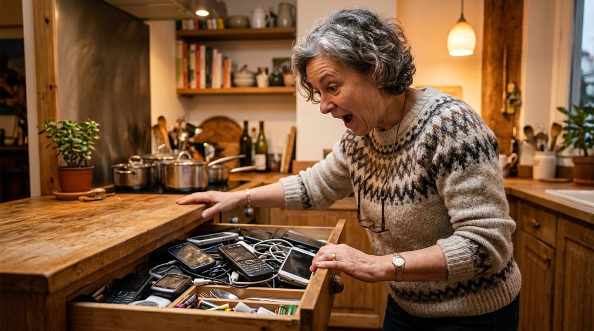 Tiroir rempli de vieux smartphones oubliés à la maison