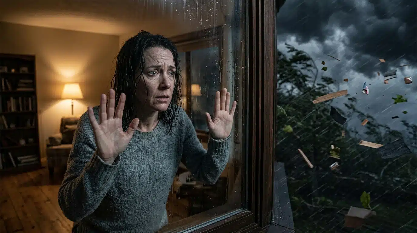 Habitant tentant de retenir sa baie vitrée pendant la tornade