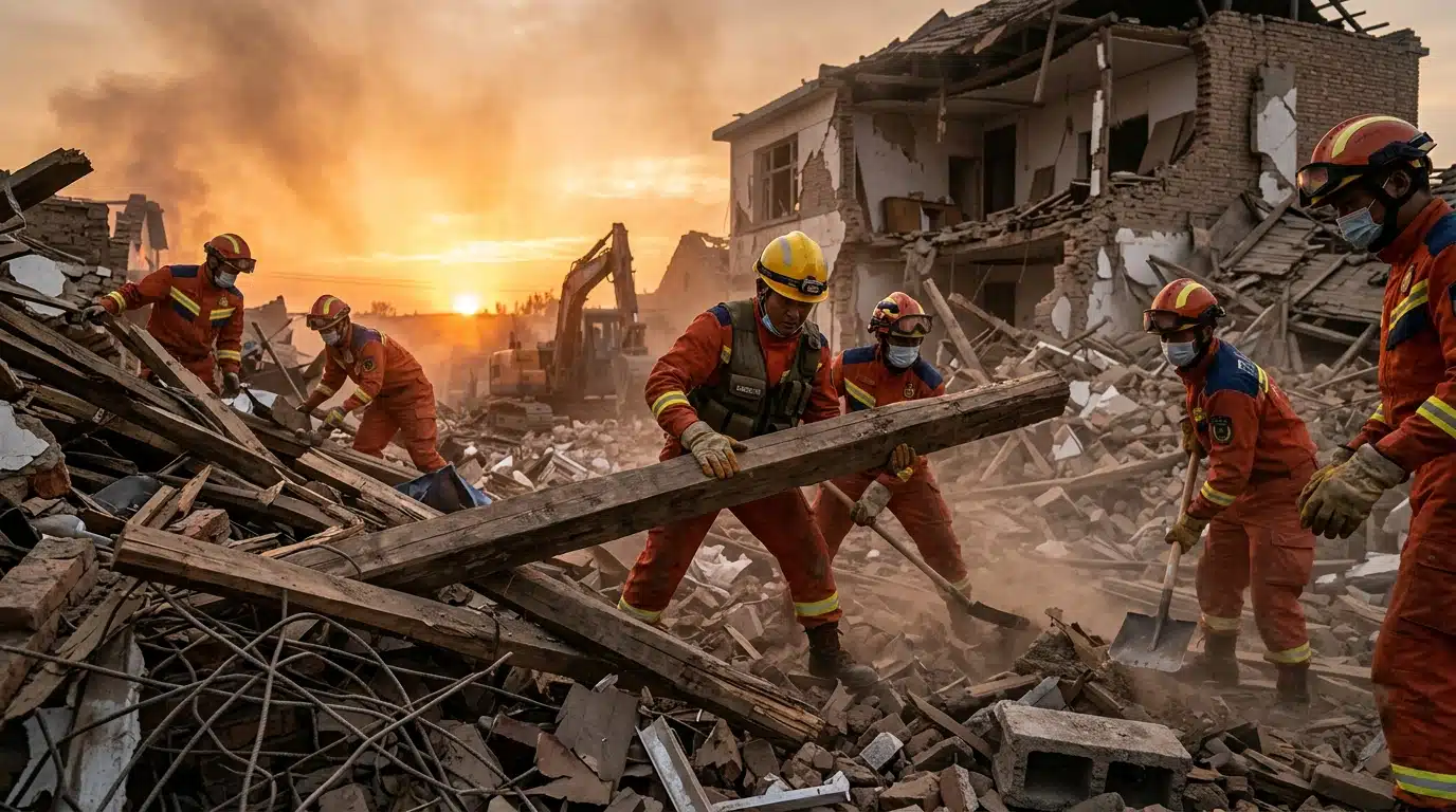 Secouristes déblayant les décombres après la tornade