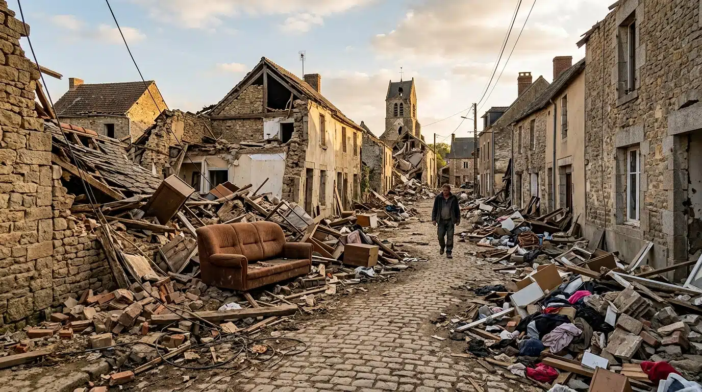 Rue du village de Pomas dévastée par la tornade