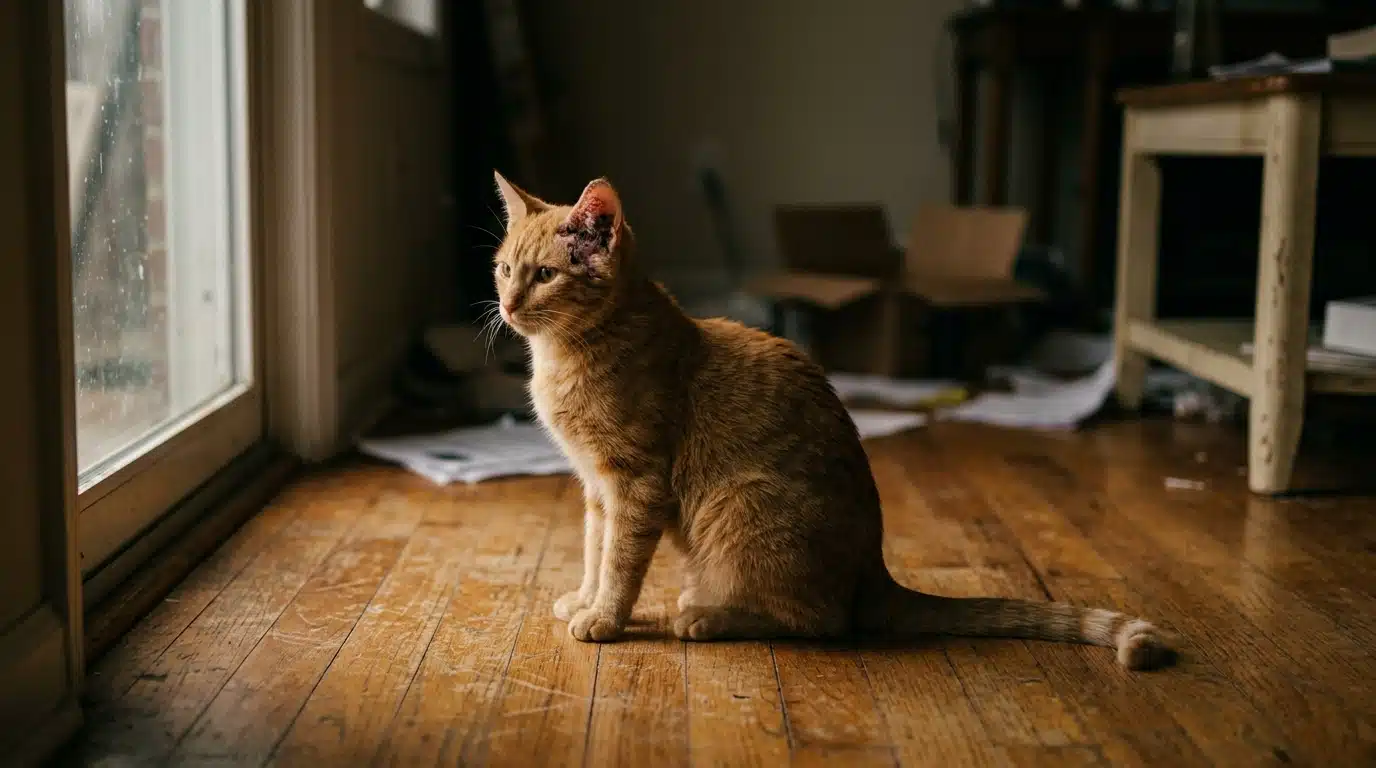 Chat blessé à l'oreille dans un appartement