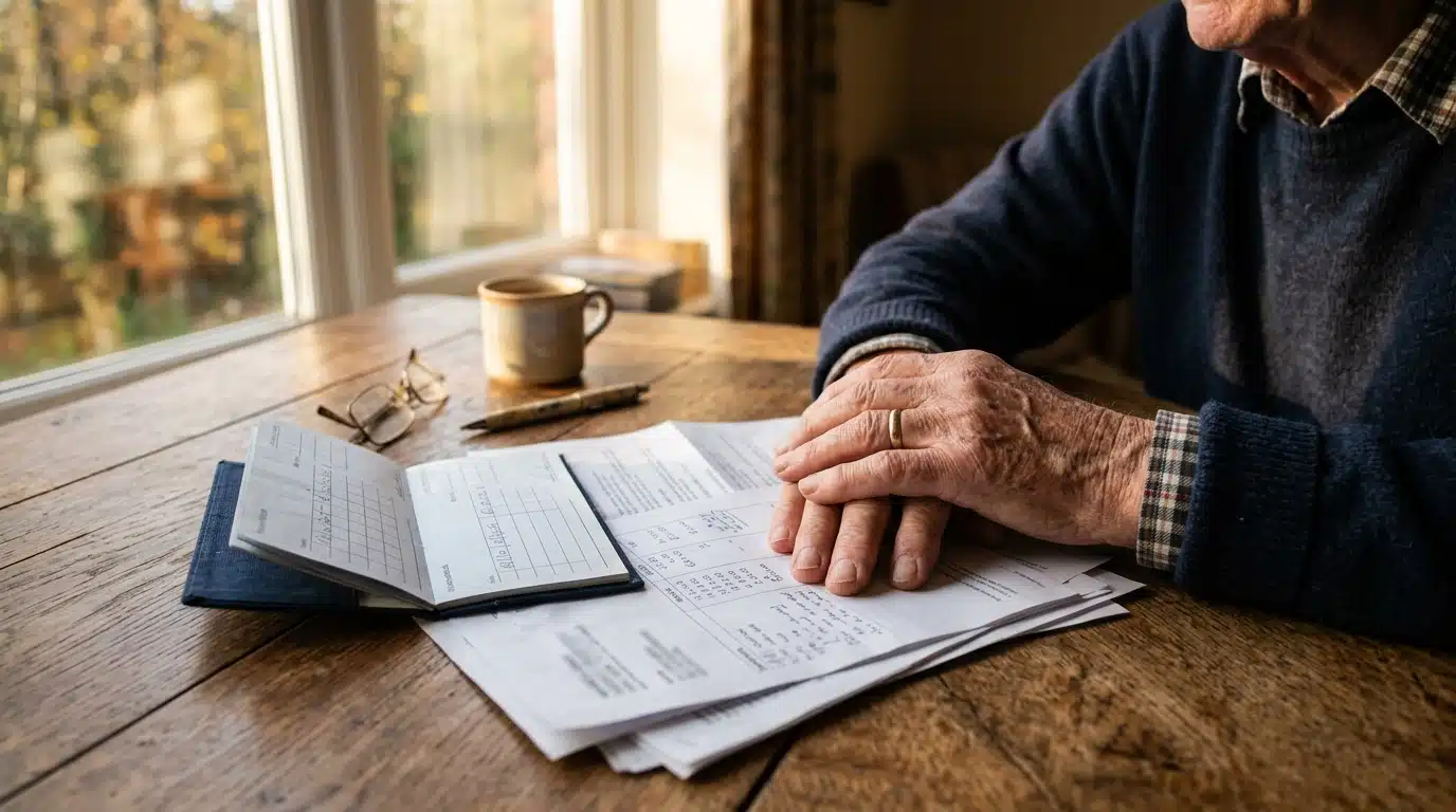 Personne âgée consultant des documents bancaires
